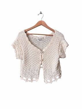 RICO HandKnits Ivory Cropped Short Sleeve Button Down Cardigan Sweater M/L